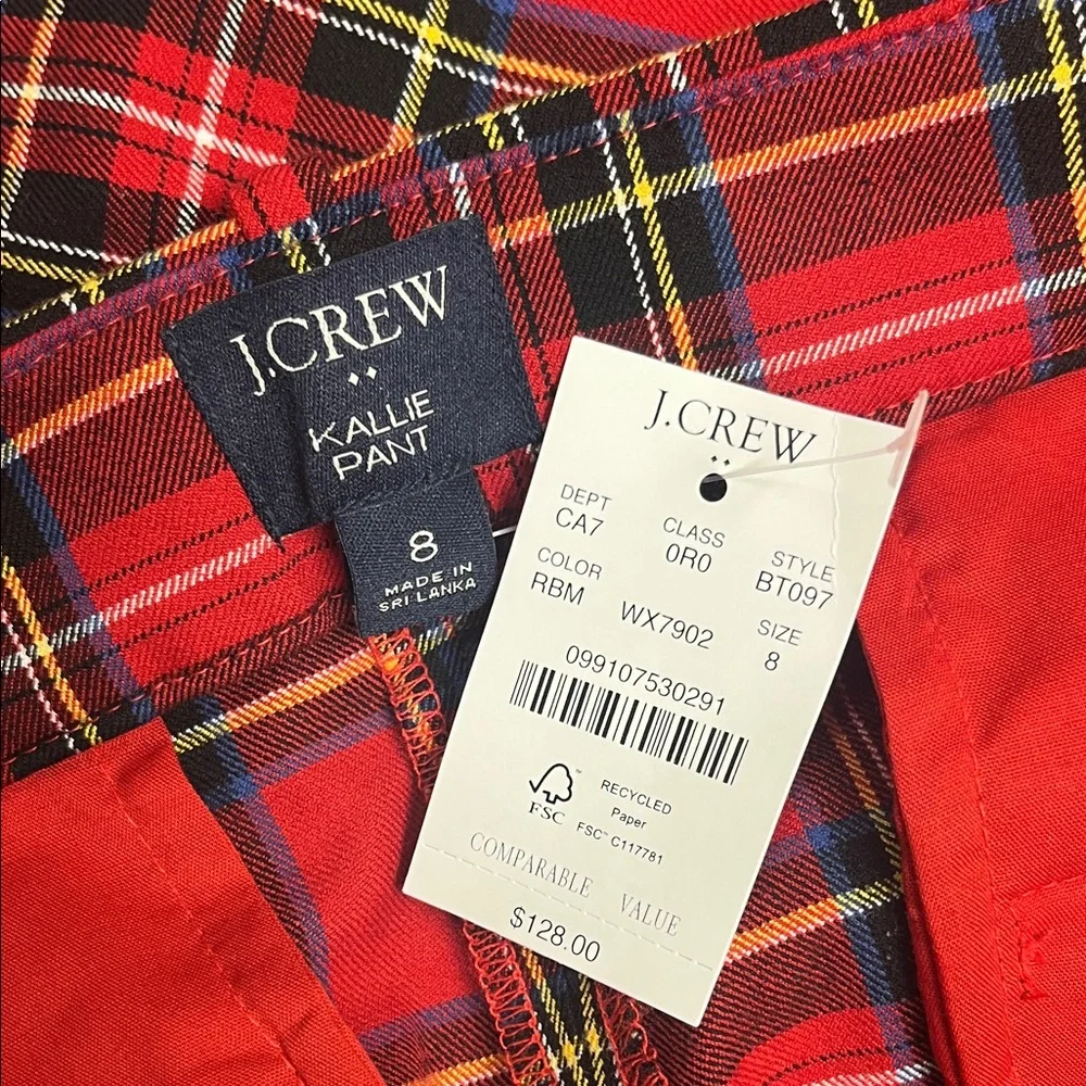 J Crew red plaid Kallie pants, size 8, NWT‎